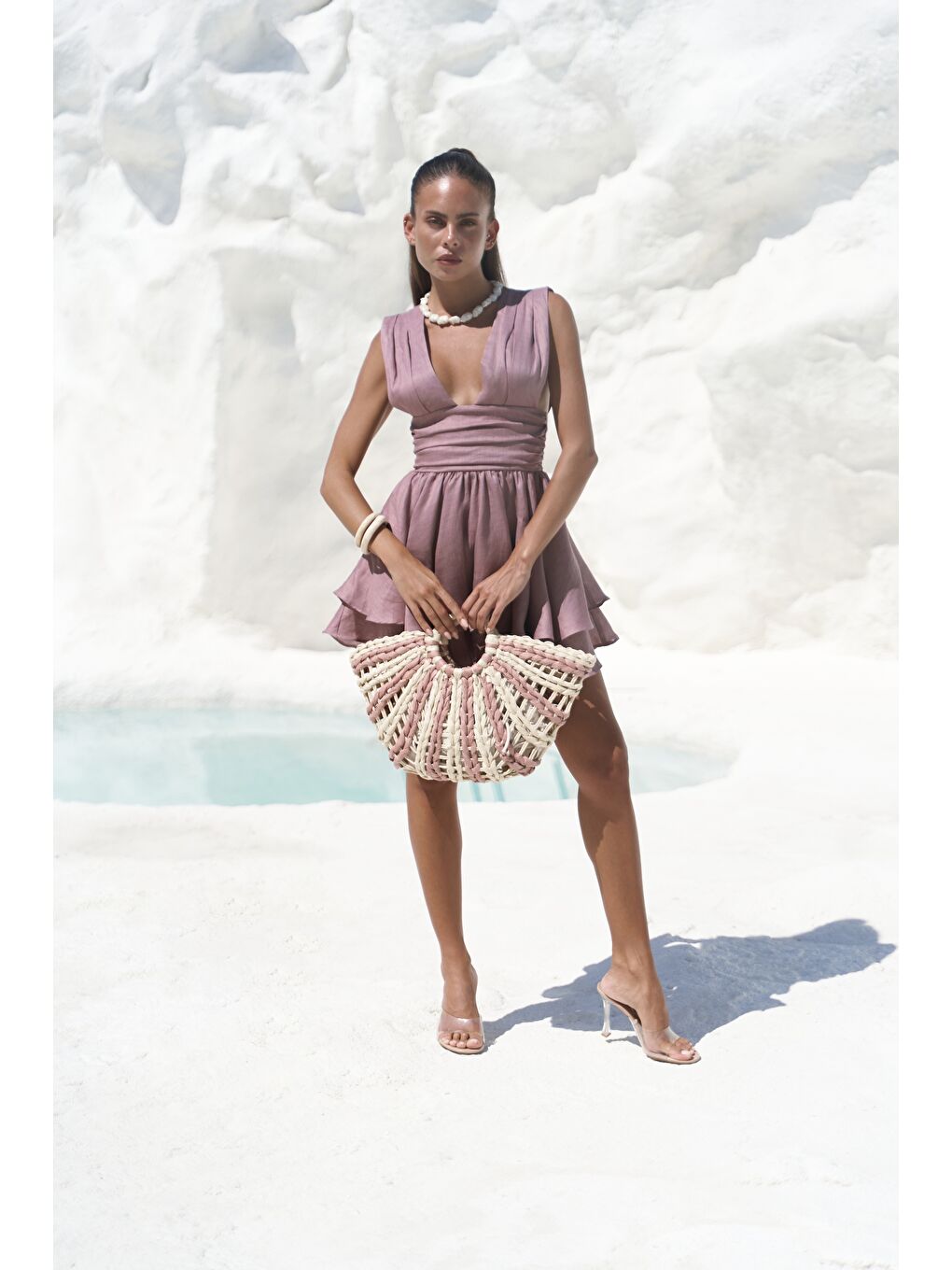 Zaneta Korsaj Detaylı Açık Bordo Keten Mini Elbise-2