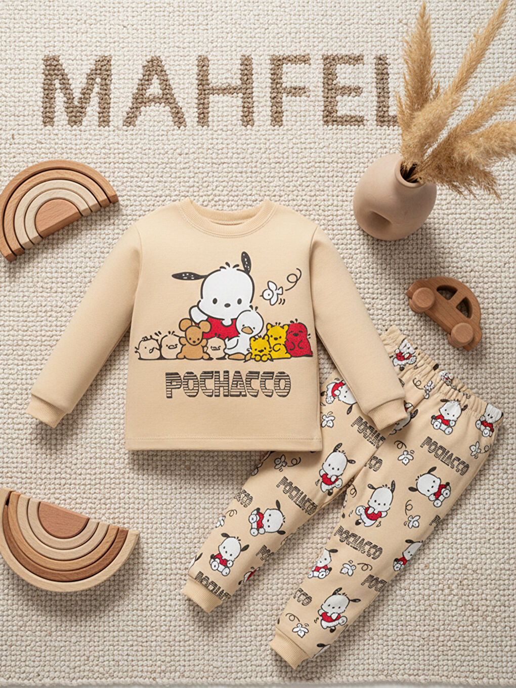 %100 Pamuklu Bej Yavru Köpekli Çocuk Pijama Takımı 1-6 Yaş-4