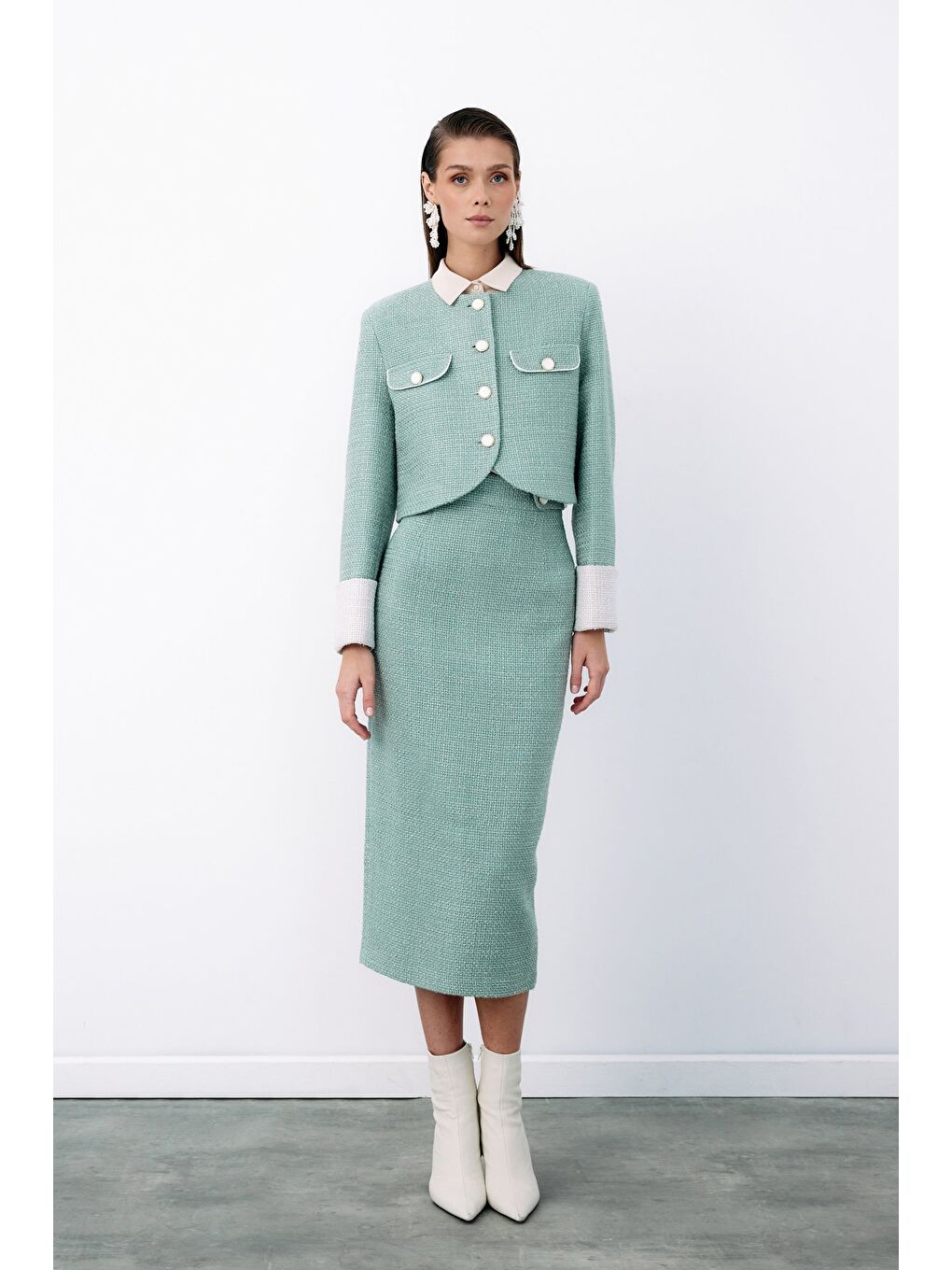 Yeşil Kontrast Kısa Tüvit Ceket - Mint-1