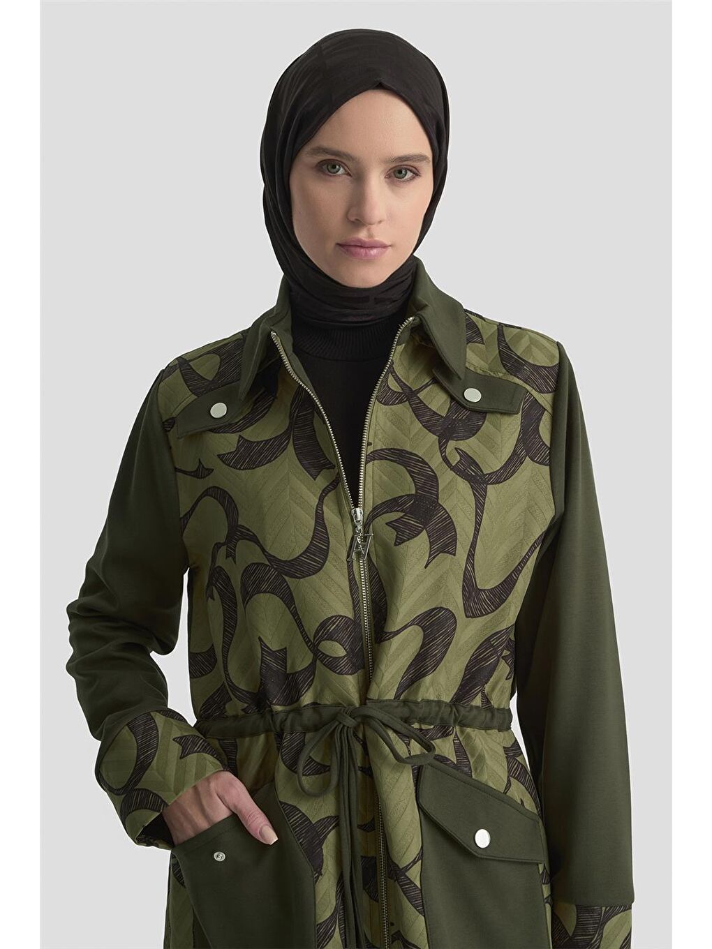 Desenli Kapitone Mixli Örme Giyçık 25Kd1601 Haki-2