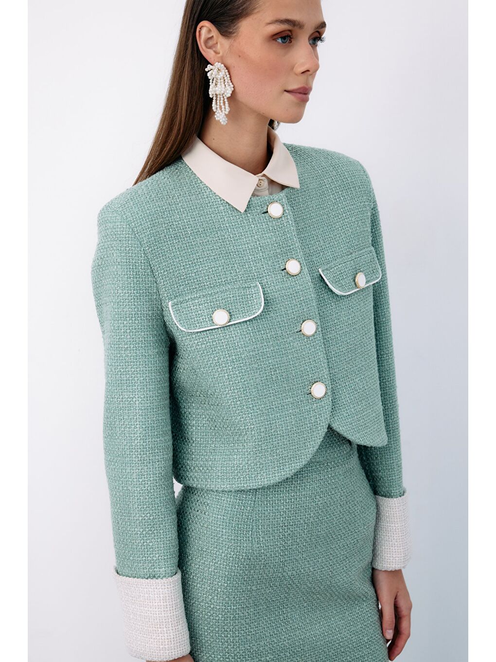 Yeşil Kontrast Kısa Tüvit Ceket - Mint-2