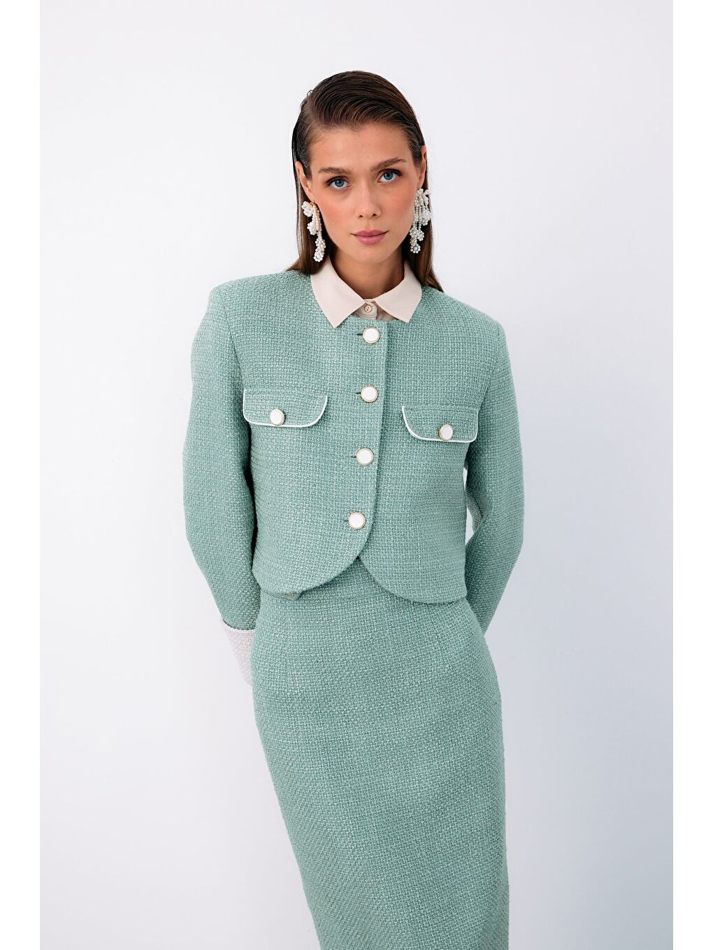 Yeşil Kontrast Kısa Tüvit Ceket - Mint-3