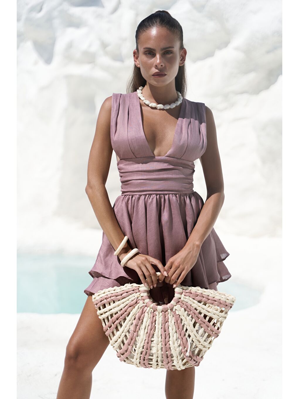 Zaneta Korsaj Detaylı Açık Bordo Keten Mini Elbise-4