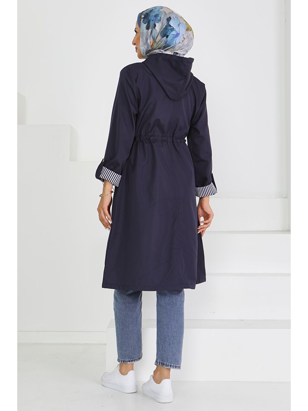 Belde Lastik Detaylı Fermuarlı Miranda Trençkot Lacivert - 27624-5