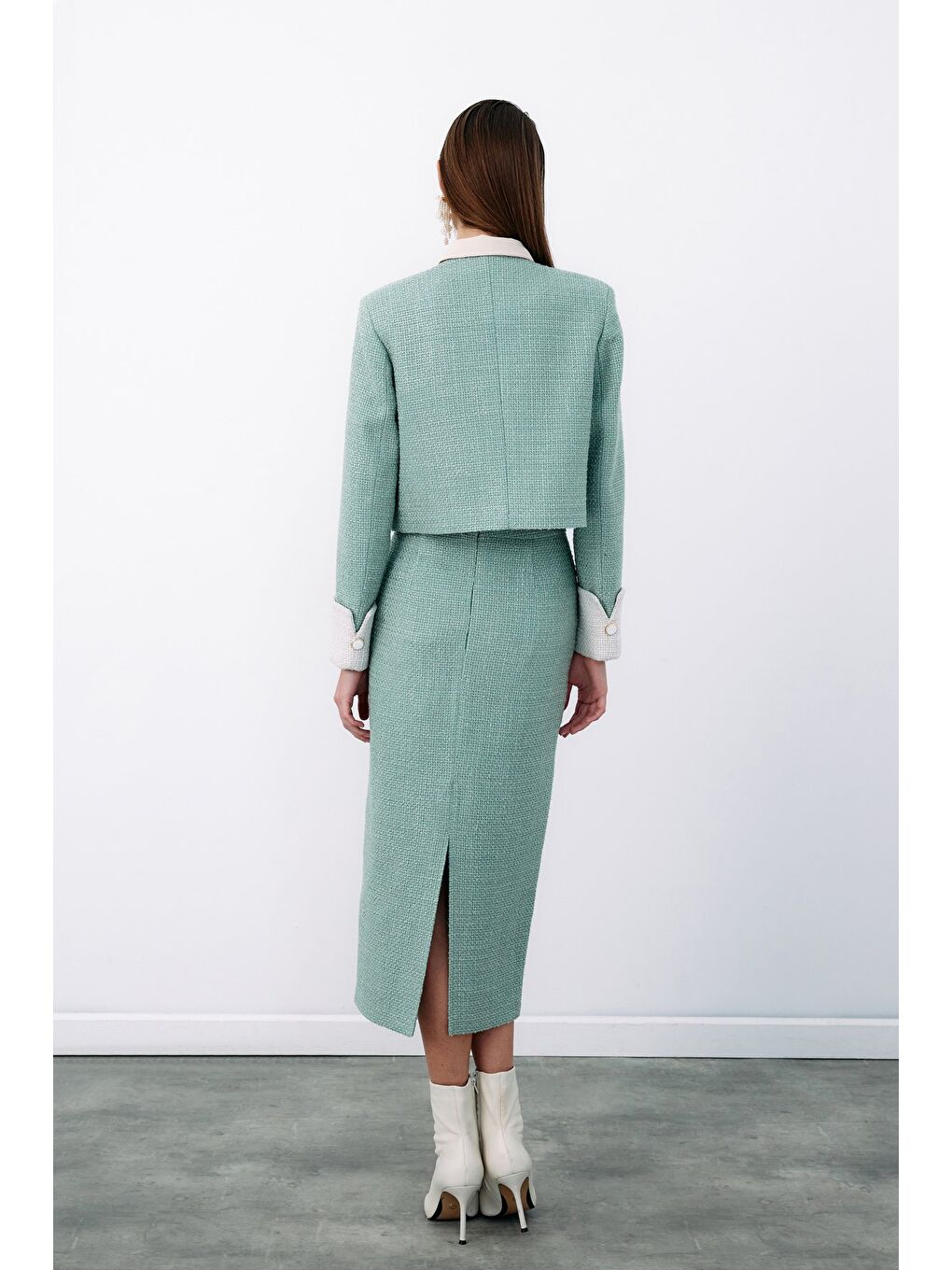Yeşil Kontrast Kısa Tüvit Ceket - Mint-4