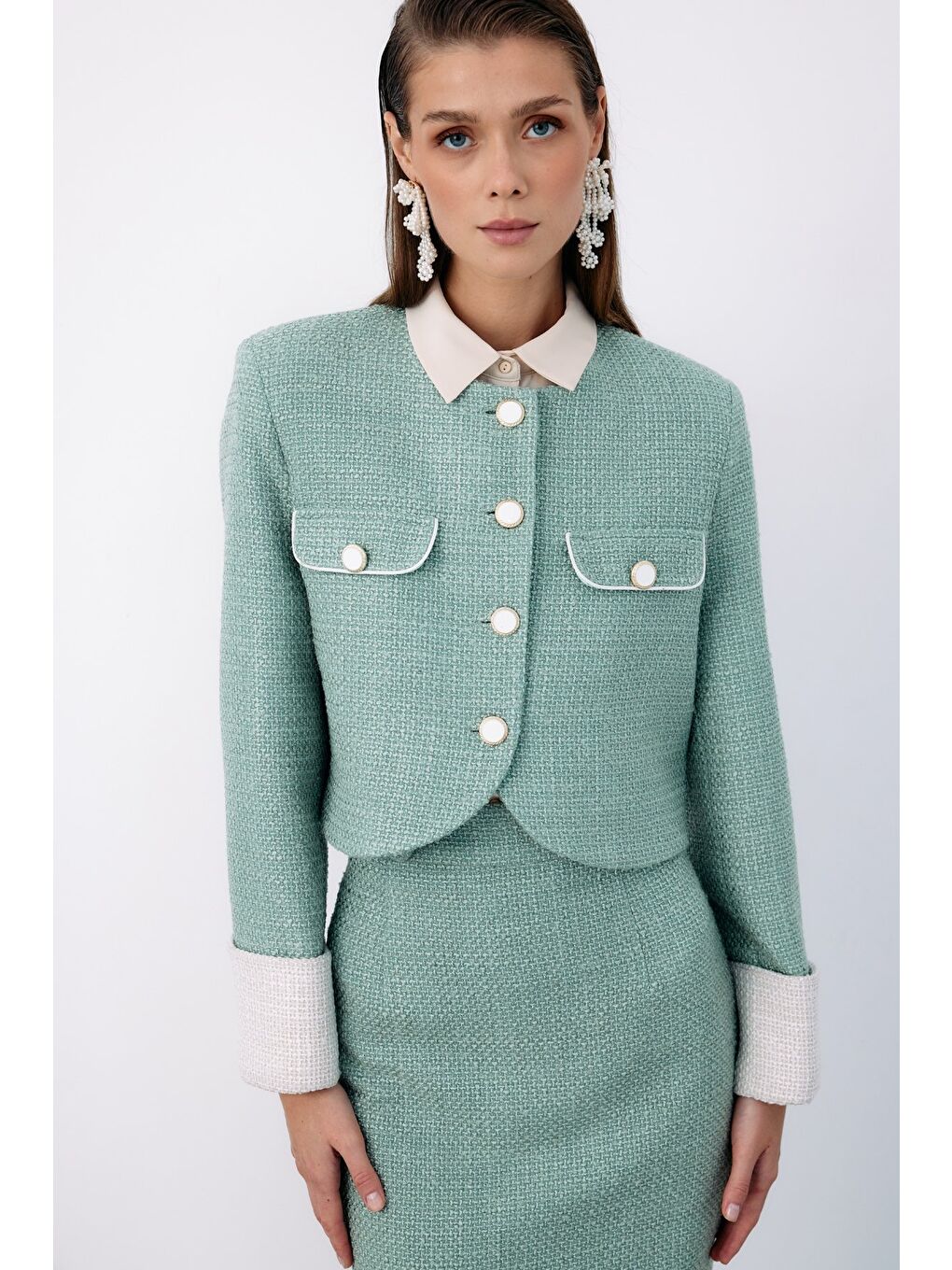 Yeşil Kontrast Kısa Tüvit Ceket - Mint-5