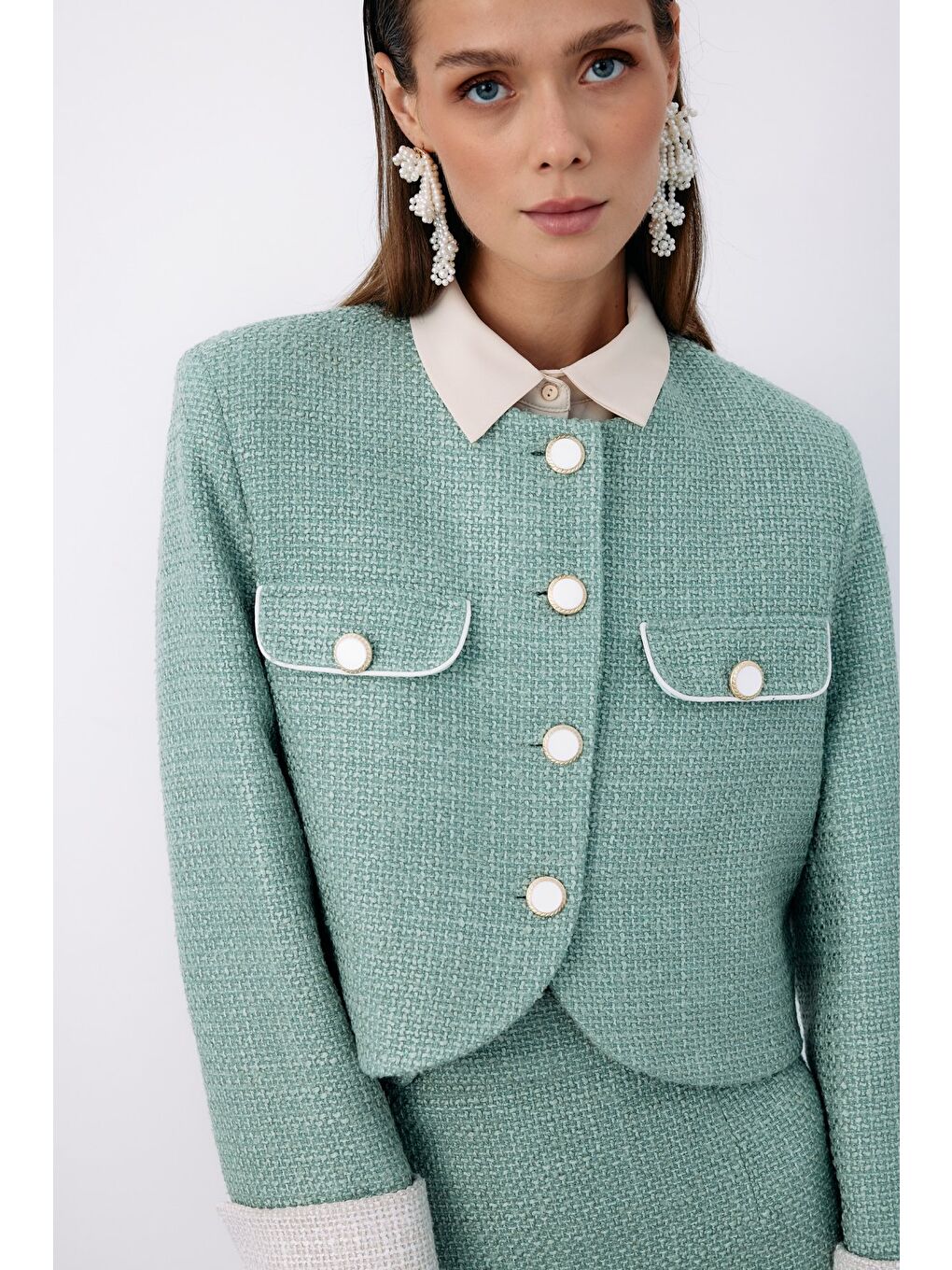 Yeşil Kontrast Kısa Tüvit Ceket - Mint-6