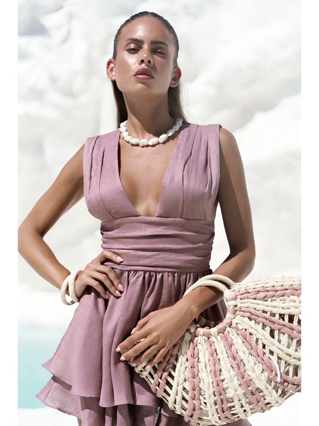 Zaneta Korsaj Detaylı Açık Bordo Keten Mini Elbise-5