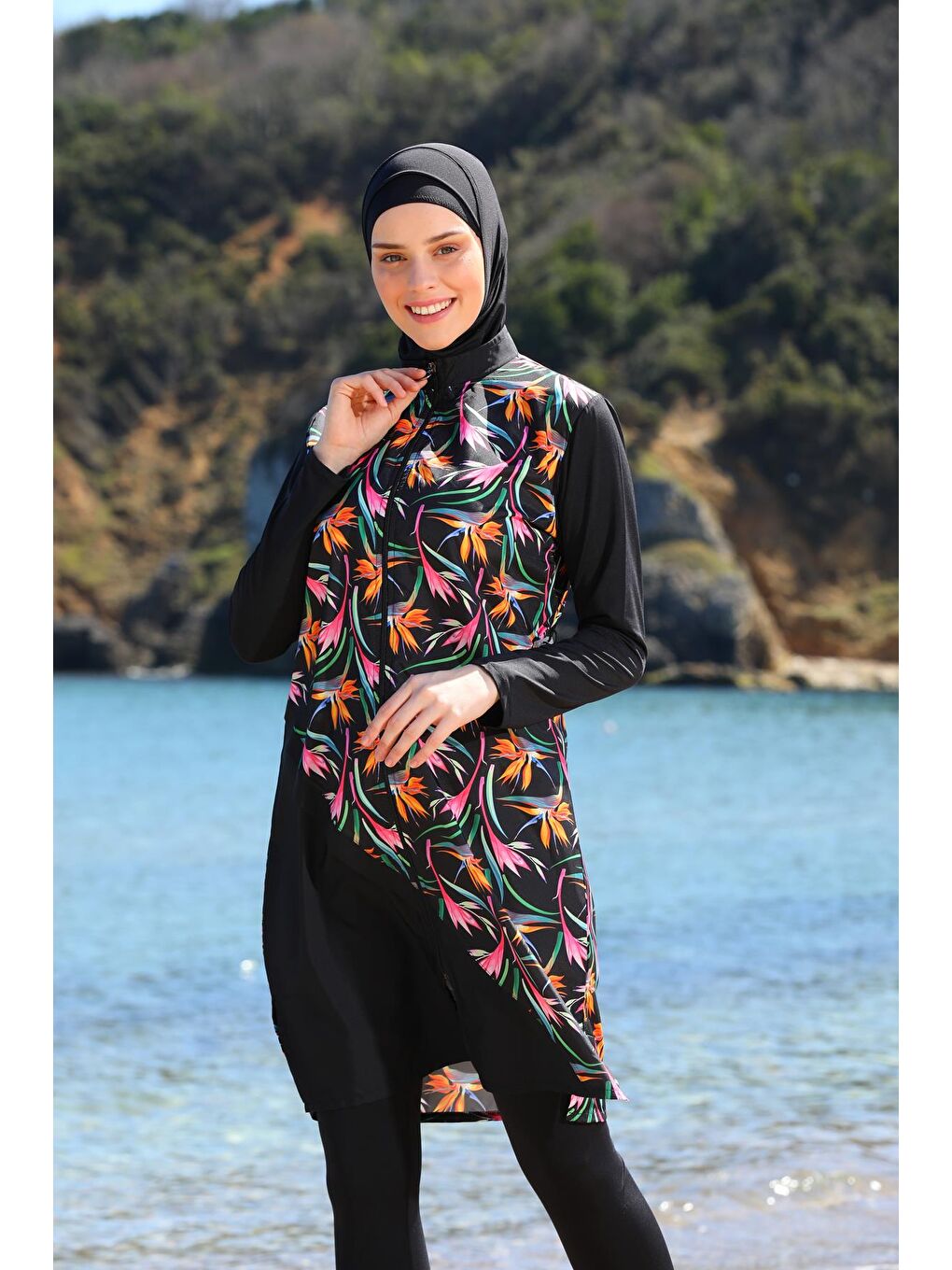 Siyah Garnili Jile Model Taytlı Tam Kapalı Tesettür Mayo 3440-1