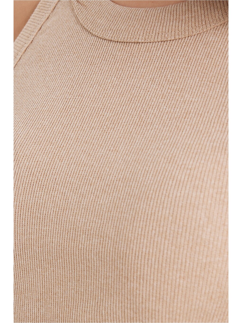 Bej Kadın Slim Fit Dar Kesim Pamuklu Askılı Bisiklet Yaka Vizon Crop Atlet-4
