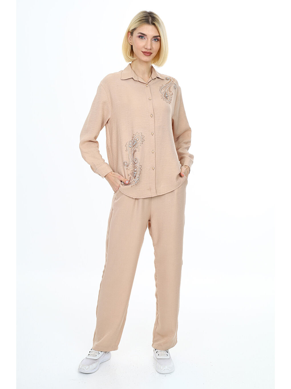 Ekru Kadın Takım-Taş Süslemeli-Alt-Üst Takım S-M-L Mnx24116-2