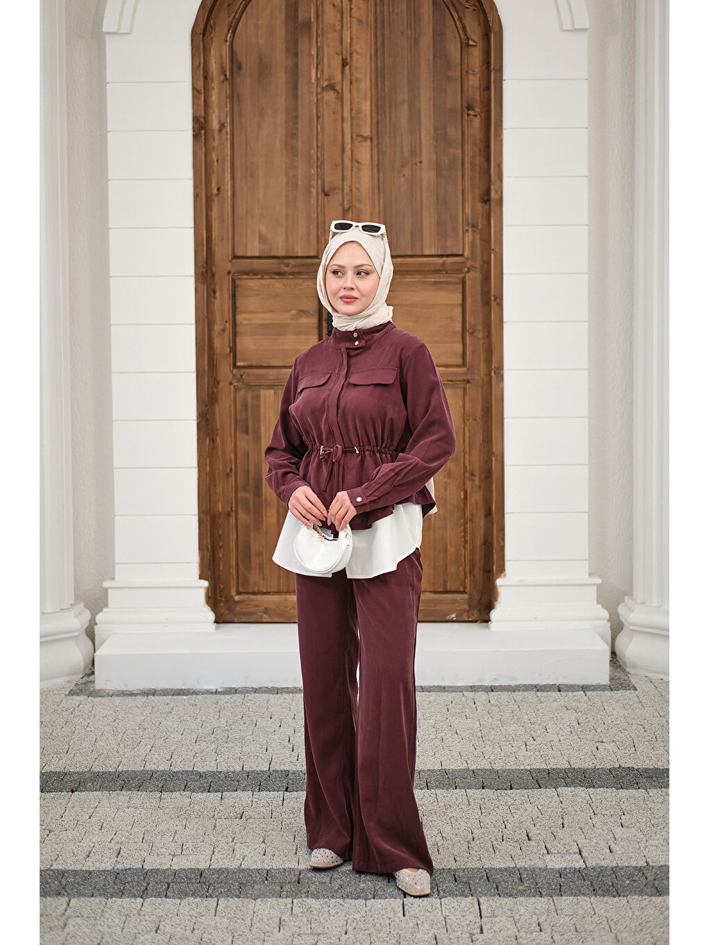 Kadın Çift Cep Detaylı Gizli Düğmeli Parçalı Takım Mürdüm-1