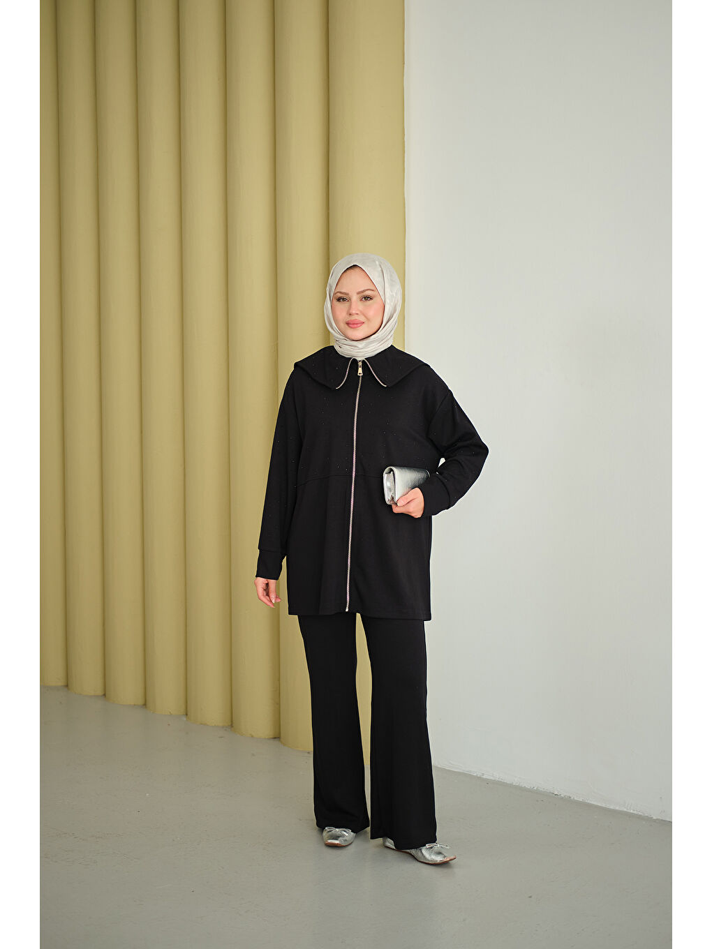 Kadın Gemici Yaka Taşlı Takım Siyah-2