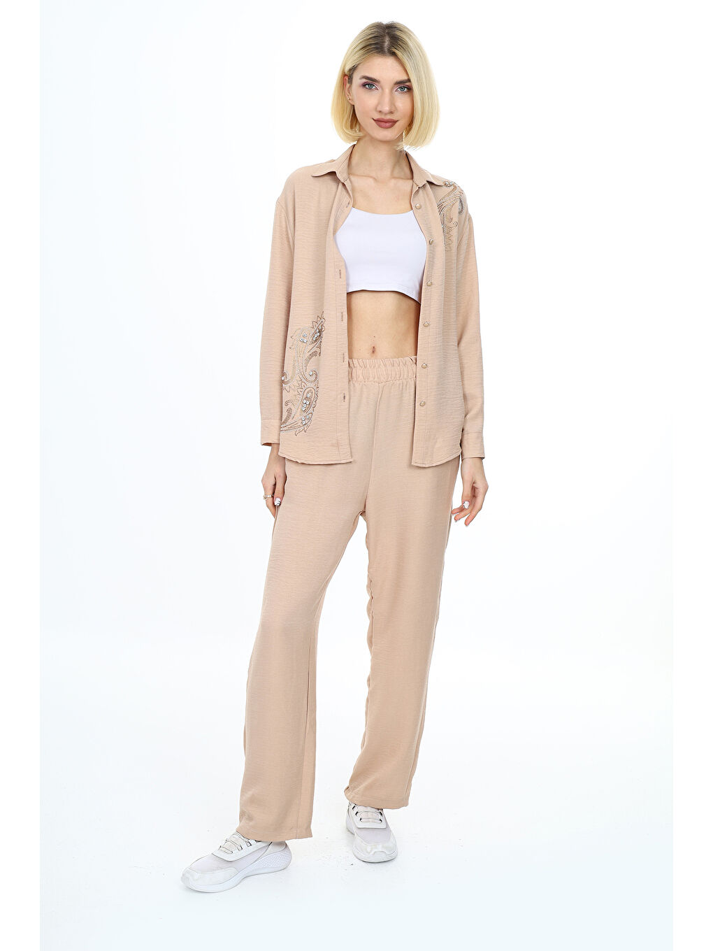 Ekru Kadın Takım-Taş Süslemeli-Alt-Üst Takım S-M-L Mnx24116-3