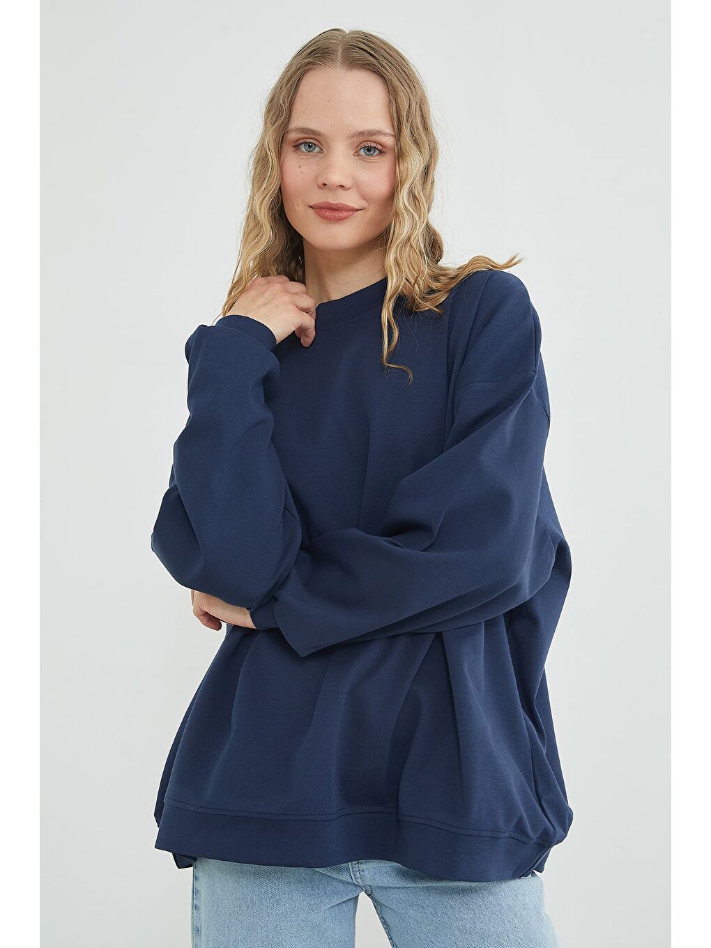 Lacivert Basic Bisiklet Yaka Oversize Sweatshirt-2