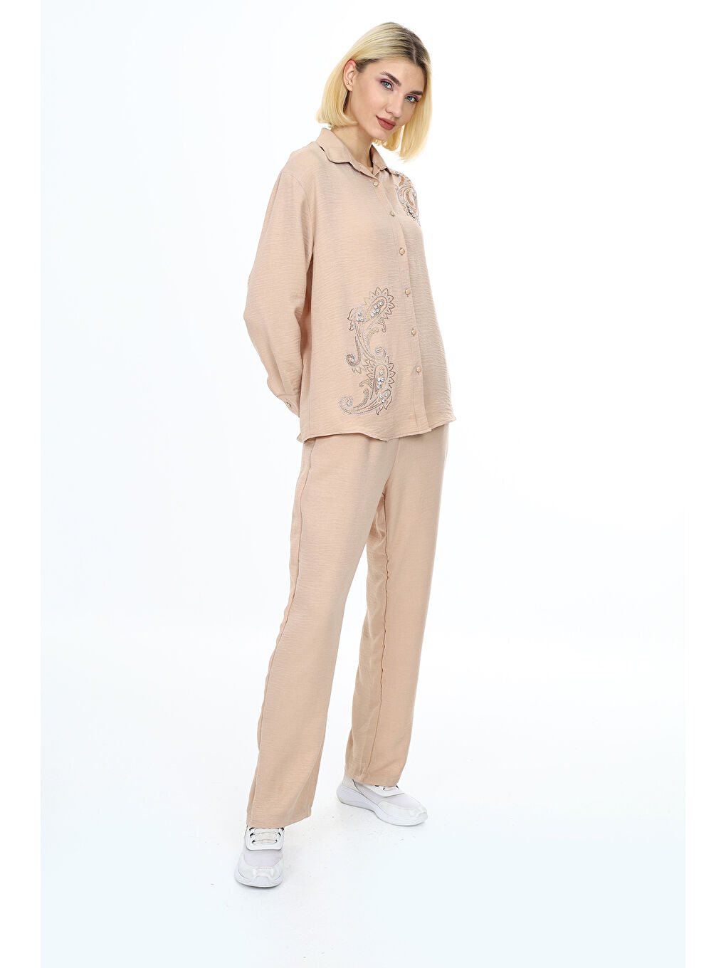 Ekru Kadın Takım-Taş Süslemeli-Alt-Üst Takım S-M-L Mnx24116-4