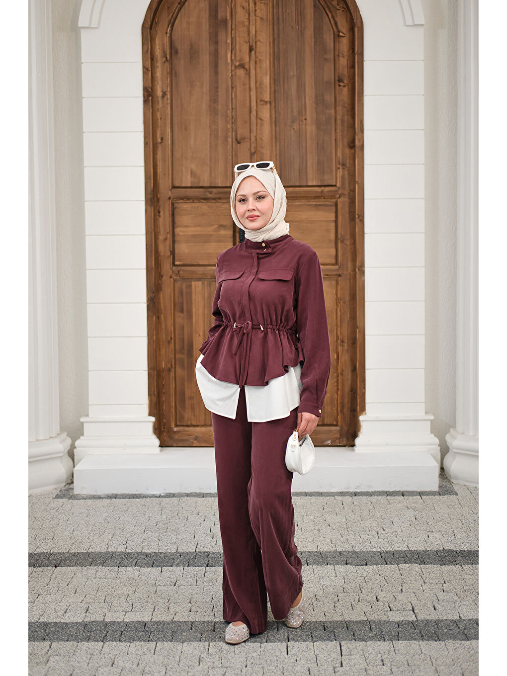 Kadın Çift Cep Detaylı Gizli Düğmeli Parçalı Takım Mürdüm-2