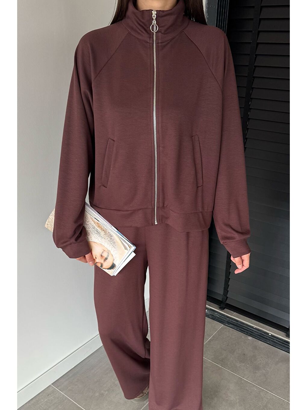 Kahverengi Kadın Ön Fermuarlı Sweat Bel Lastikli Palazzo Pantolon İkili Takım-1