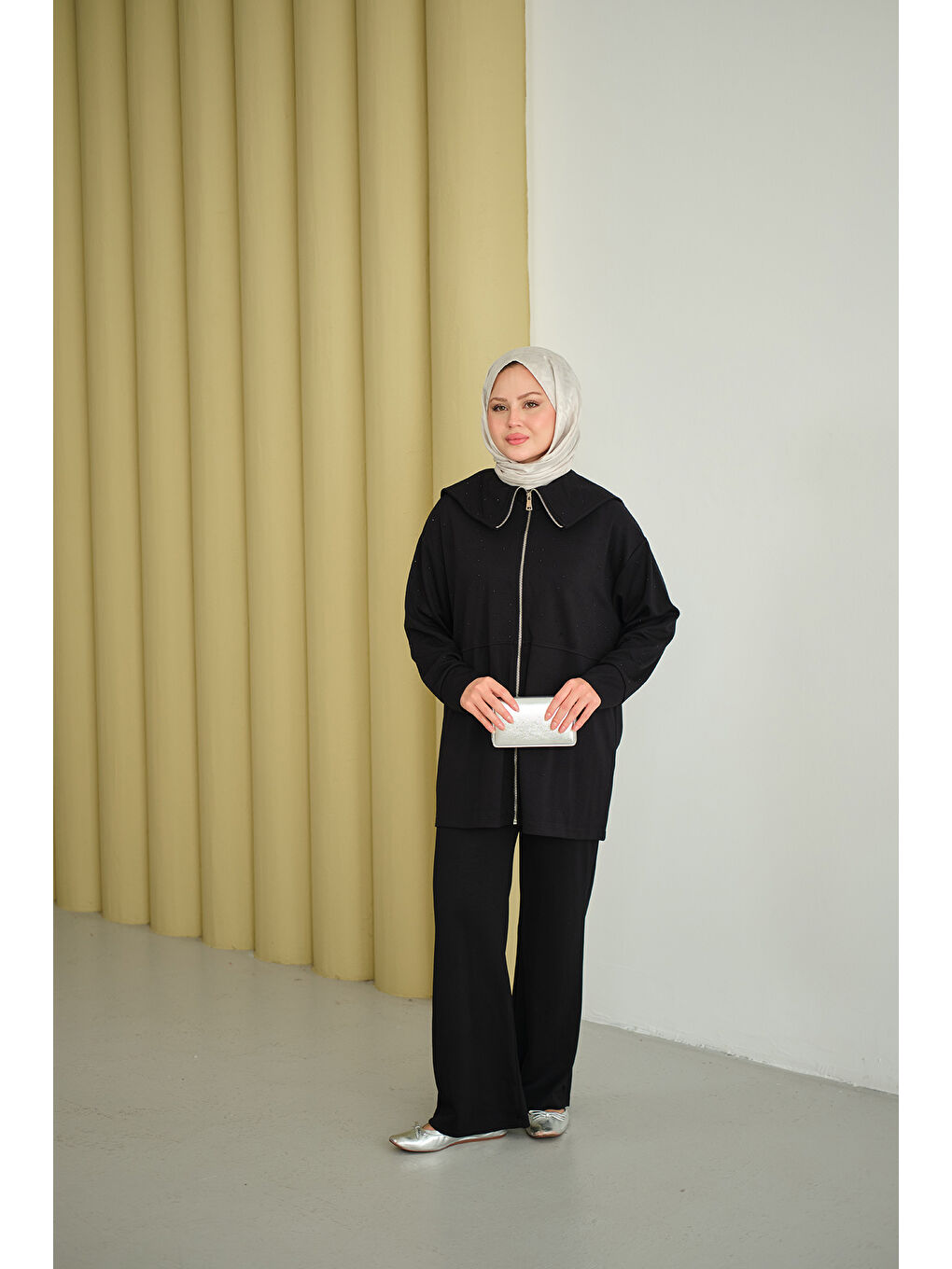 Kadın Gemici Yaka Taşlı Takım Siyah-3