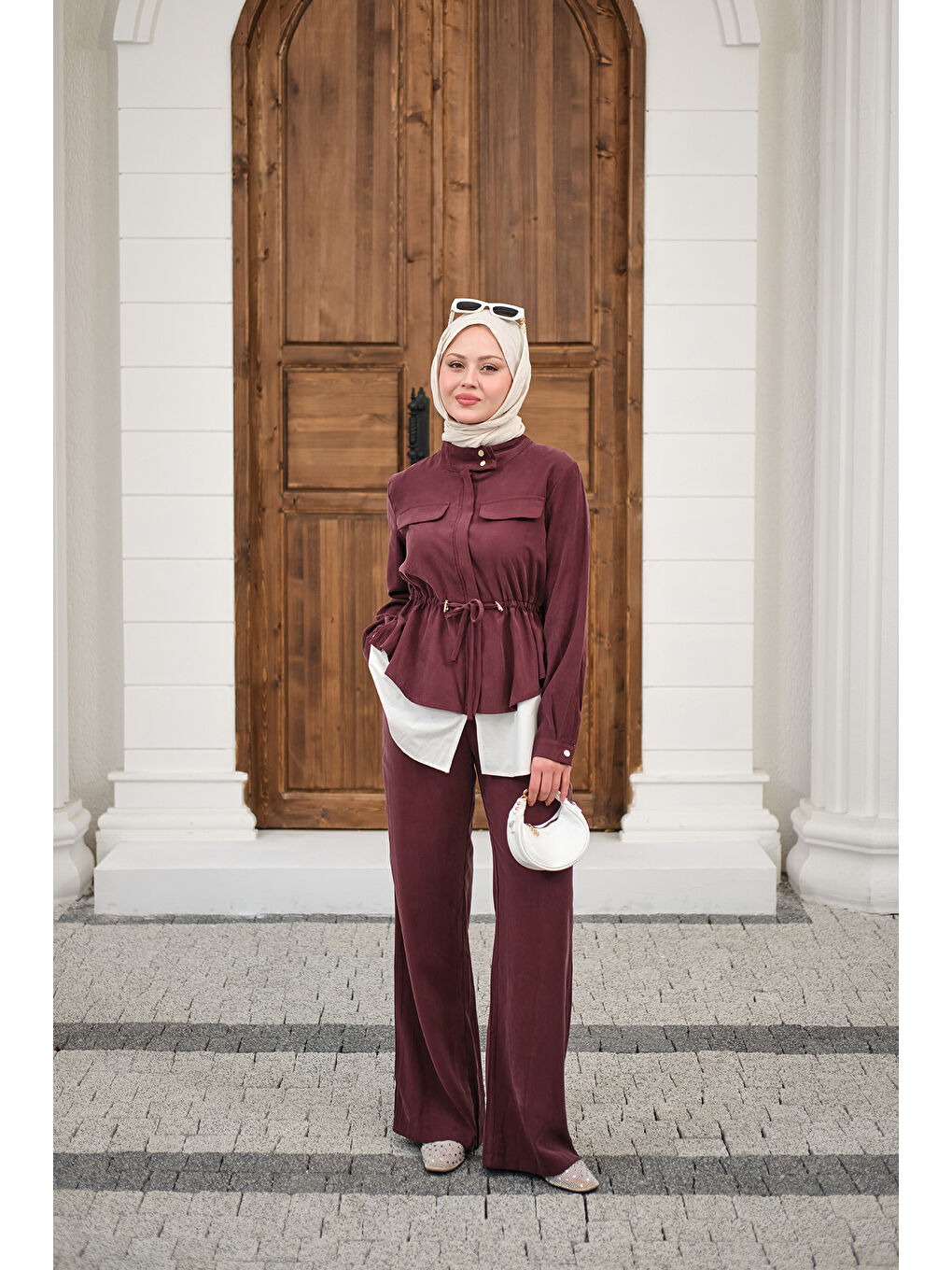 Kadın Çift Cep Detaylı Gizli Düğmeli Parçalı Takım Mürdüm-3