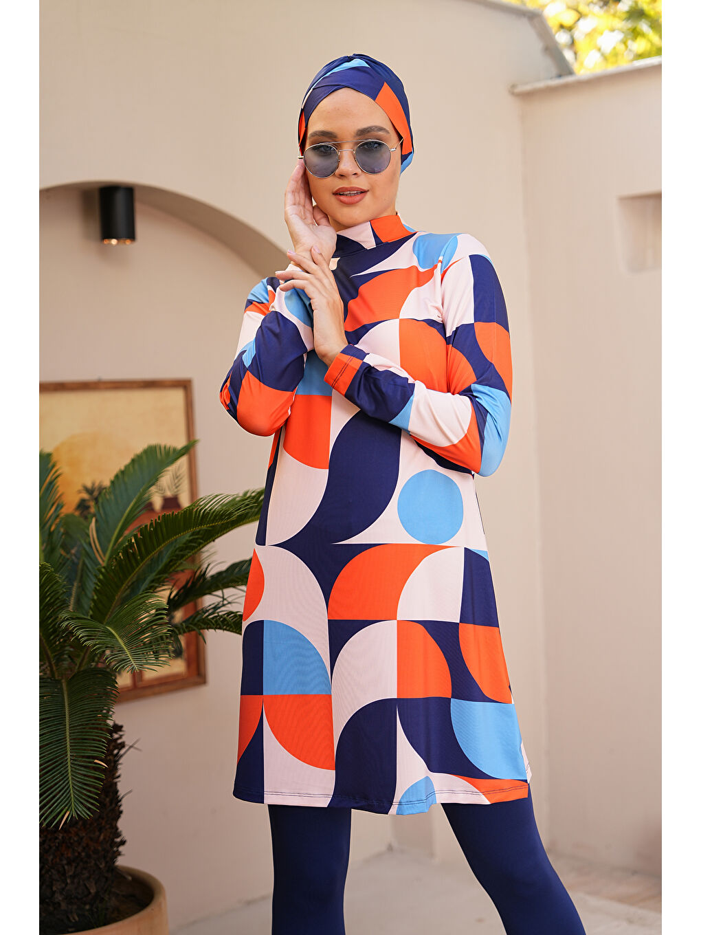 Lacivert Geometrik Desenli Taytlı Kapalı Tesettür Mayo 3720-2