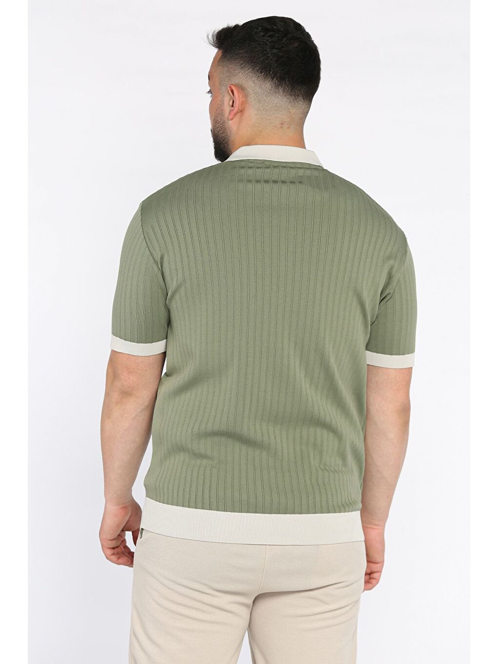 Haki Polo Yaka Çizgi Desenli Erkek Triko Tişört-2