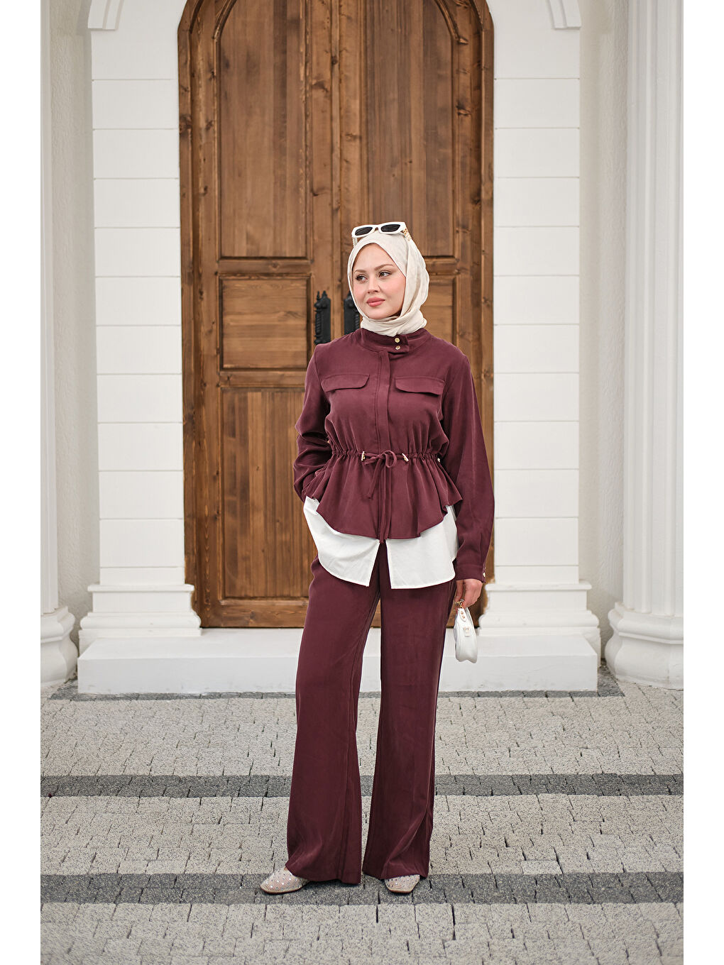 Kadın Çift Cep Detaylı Gizli Düğmeli Parçalı Takım Mürdüm-4