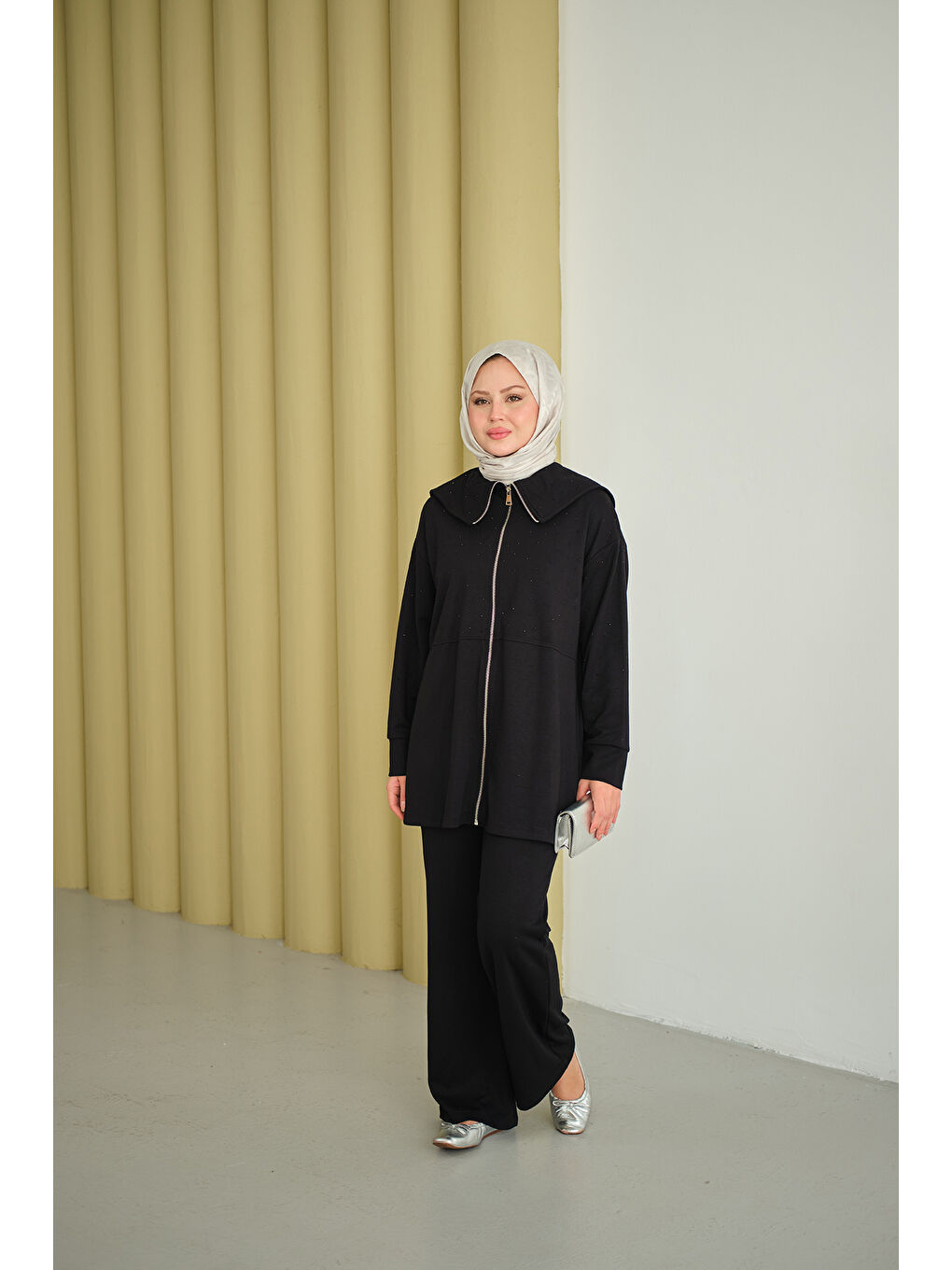 Kadın Gemici Yaka Taşlı Takım Siyah-4