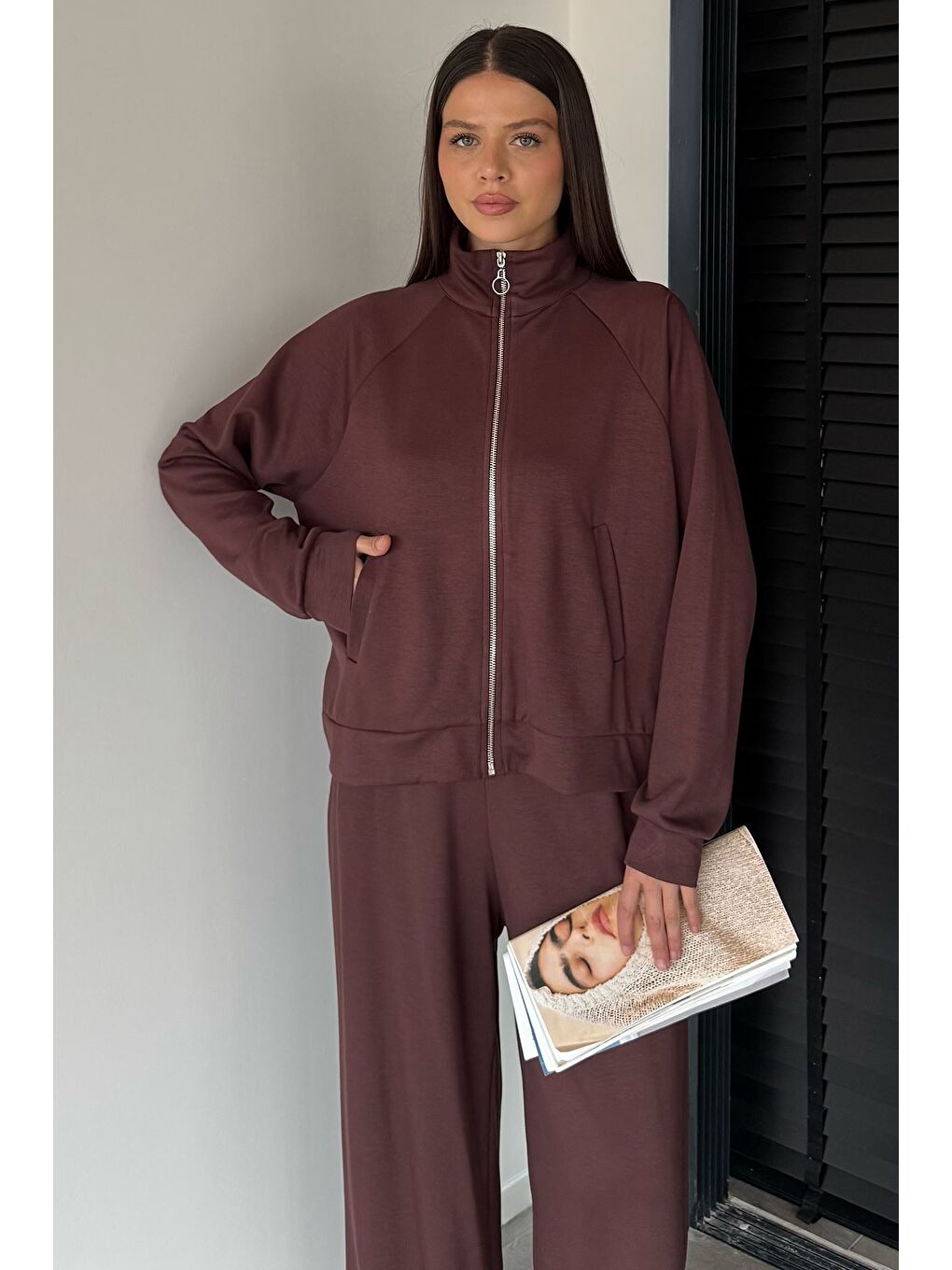 Kahverengi Kadın Ön Fermuarlı Sweat Bel Lastikli Palazzo Pantolon İkili Takım-2
