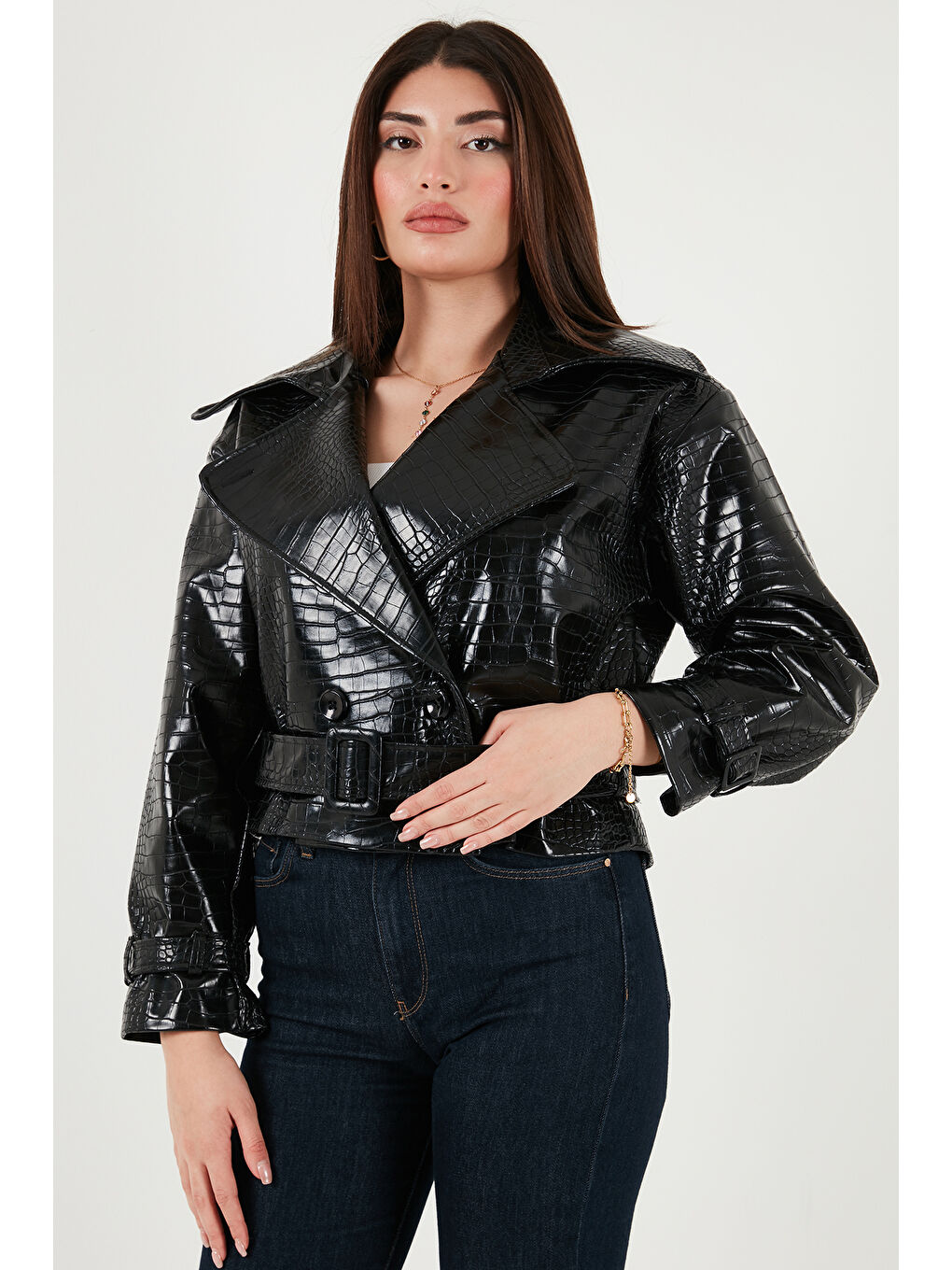 Siyah Krokodil Oversize Fit Kruvaze Yaka Kemer Detaylı Deri Ceket 6839632-2