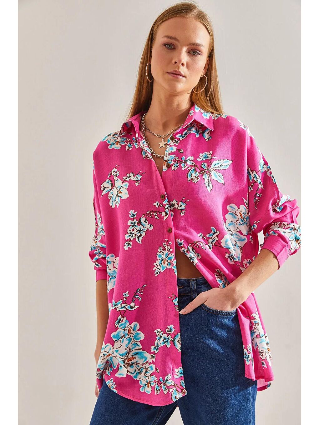 Fuşya Kadın Çiçek Desenli Salaş Keten Gömlek 60101015-1