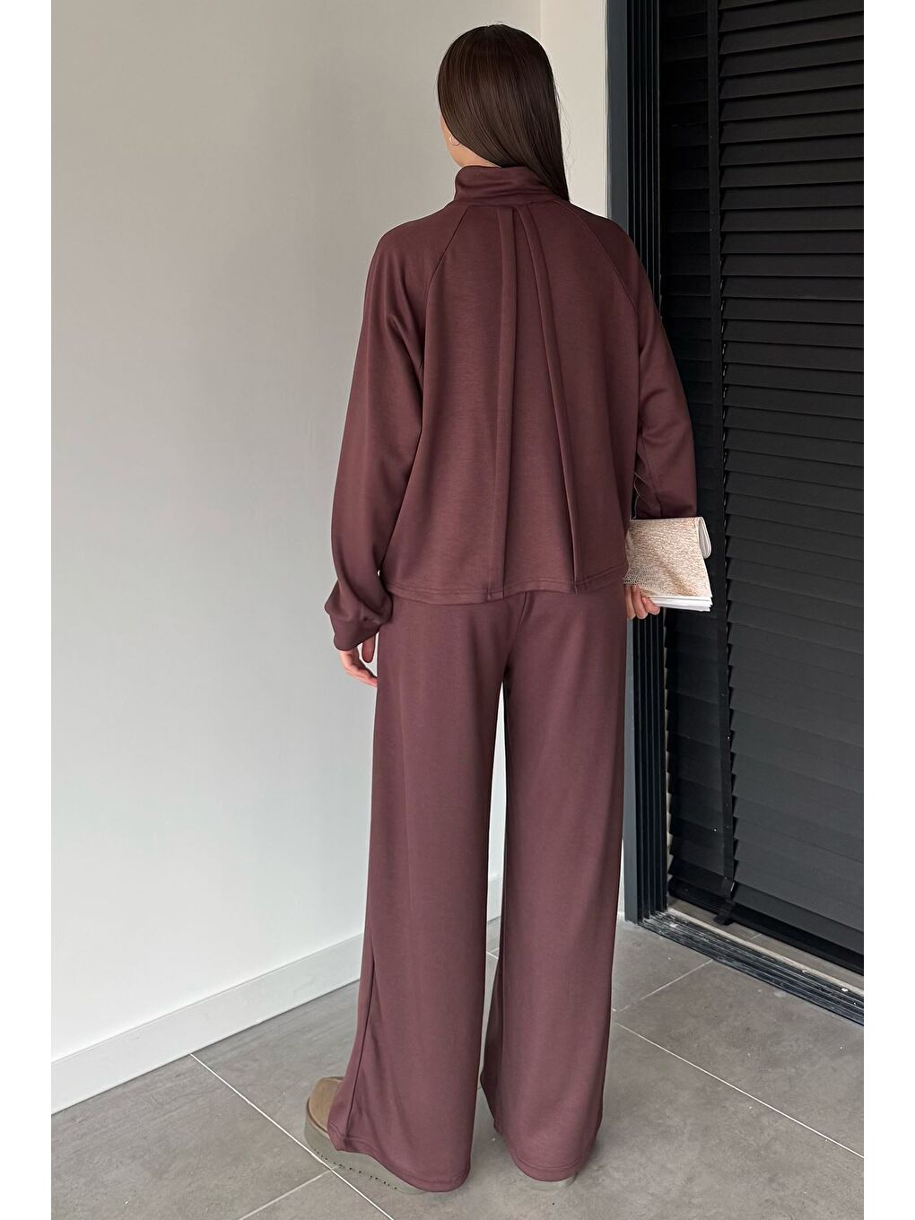 Kahverengi Kadın Ön Fermuarlı Sweat Bel Lastikli Palazzo Pantolon İkili Takım-3