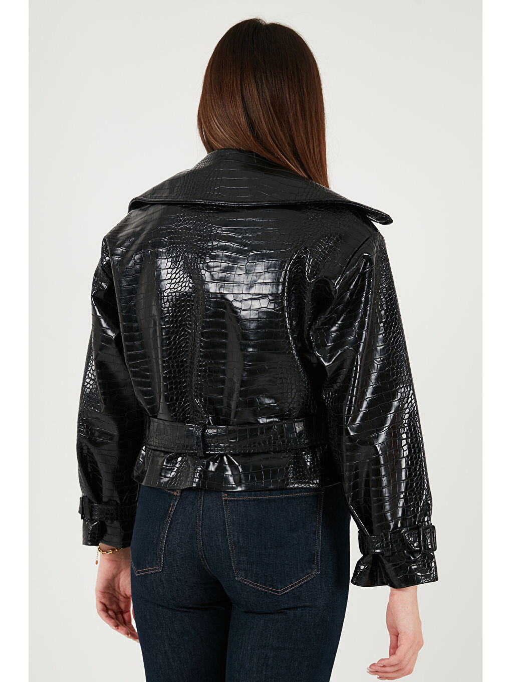 Siyah Krokodil Oversize Fit Kruvaze Yaka Kemer Detaylı Deri Ceket 6839632-4