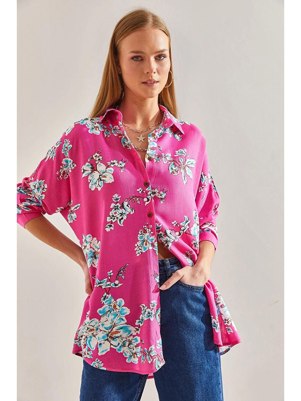 Fuşya Kadın Çiçek Desenli Salaş Keten Gömlek 60101015-2
