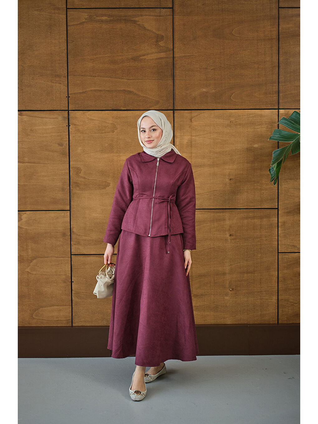 Kadın Nubuk Detay Bel Bağlamalı Takım Bordo