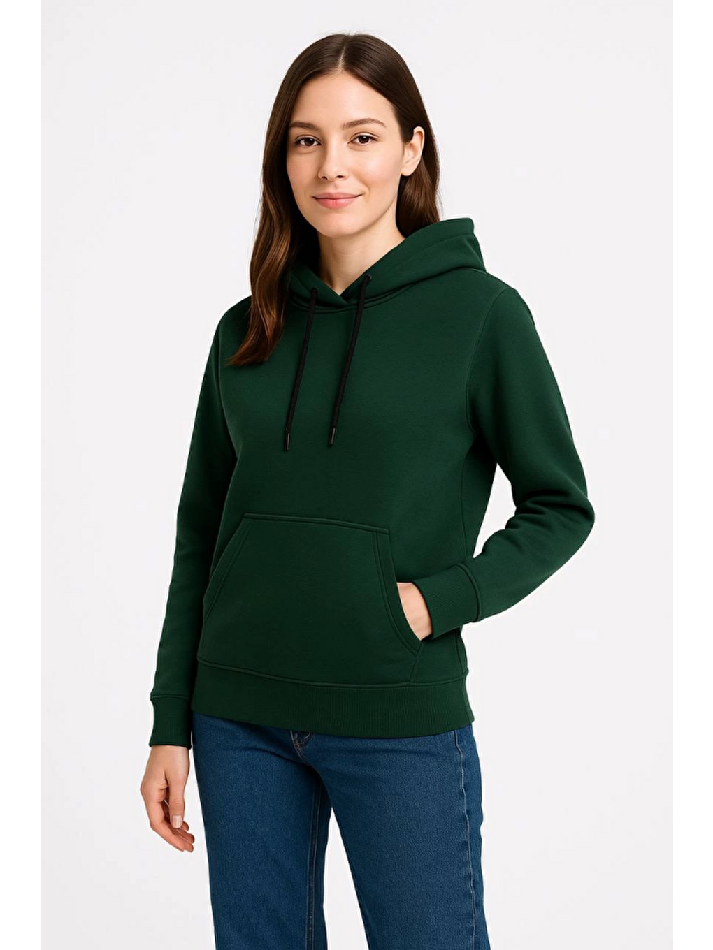 Üç İplik Kapüşonlu Kanguru Çepli Sweatshirt Hoodie - Haki-2