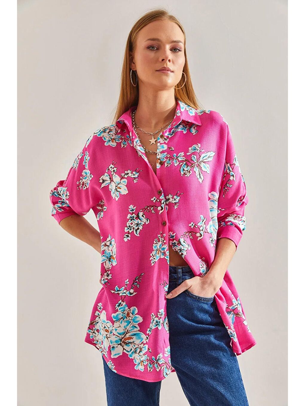 Fuşya Kadın Çiçek Desenli Salaş Keten Gömlek 60101015-3