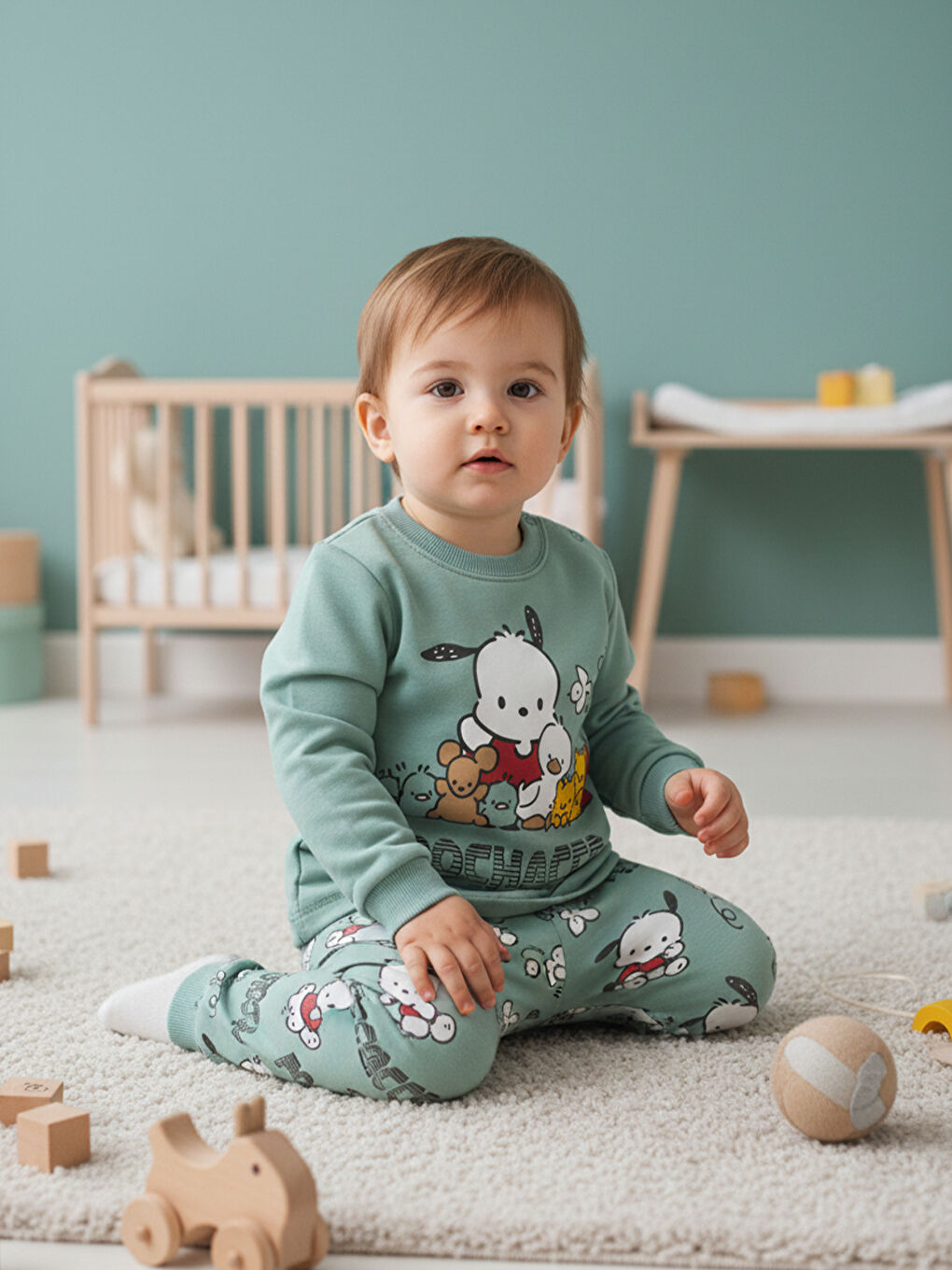 %100 Pamuklu Yeşil Yavru Köpekli Çocuk Pijama Takımı 1-6 Yaş-3