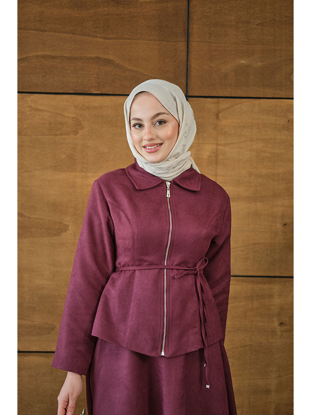 Kadın Nubuk Detay Bel Bağlamalı Takım Bordo-1