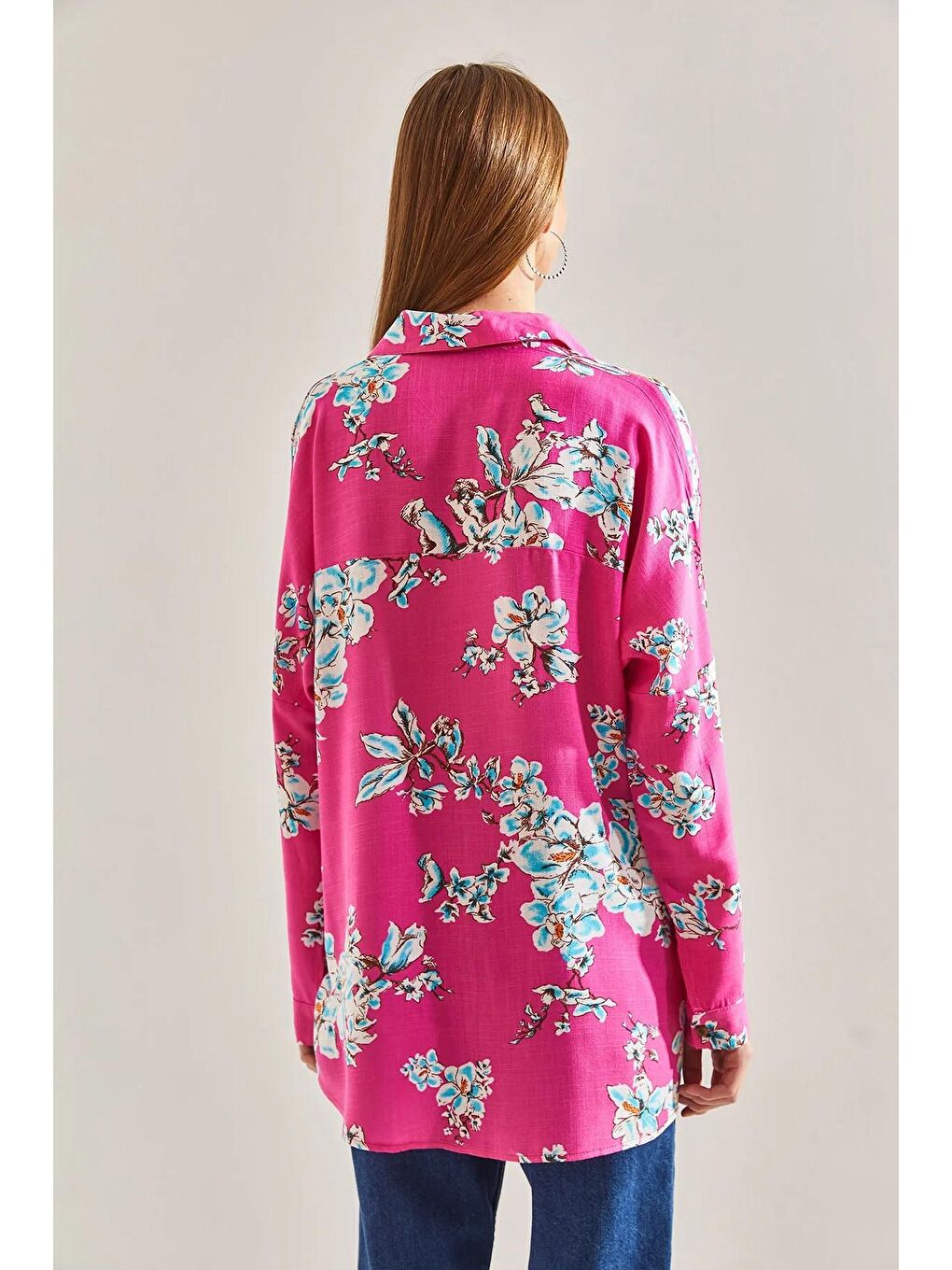 Fuşya Kadın Çiçek Desenli Salaş Keten Gömlek 60101015-4