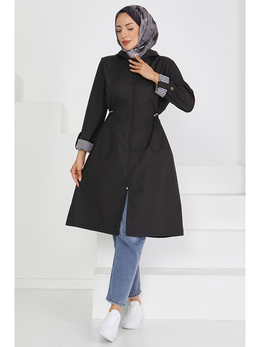Belde Lastik Detaylı Fermuarlı Miranda Trençkot Siyah - 27624