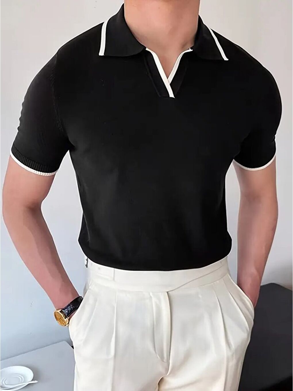 Siyah Erkek Kısa Kollu Yakalı Triko Tişört-2