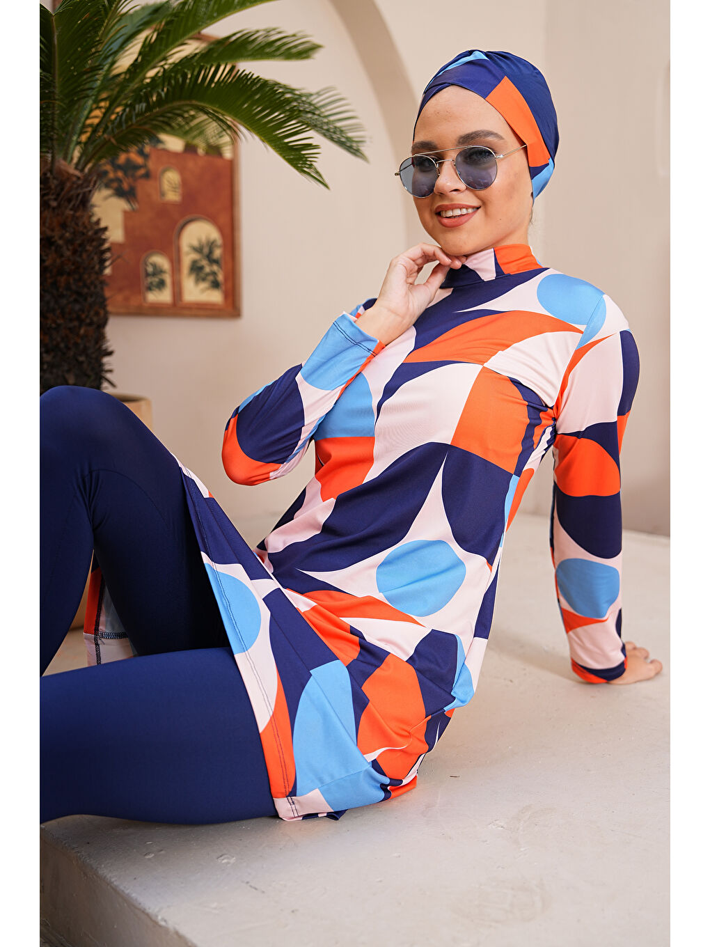 Lacivert Geometrik Desenli Taytlı Kapalı Tesettür Mayo 3720-3