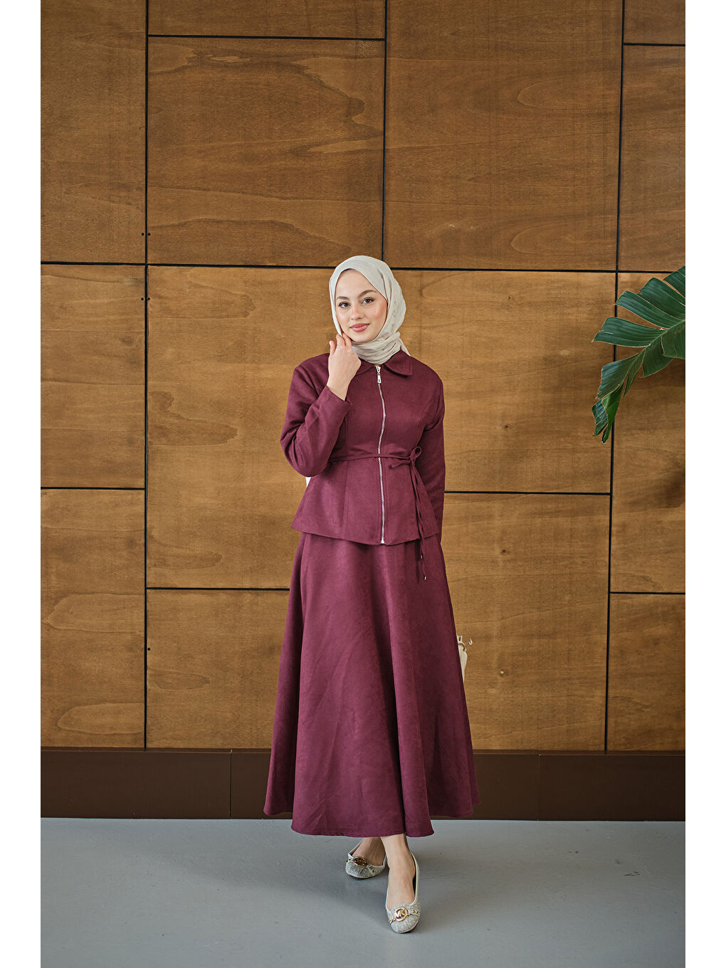 Kadın Nubuk Detay Bel Bağlamalı Takım Bordo-2