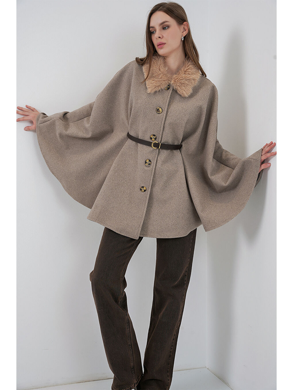 Bej Kadın Kemerli Kaşe Panço 9165 - Taş-1