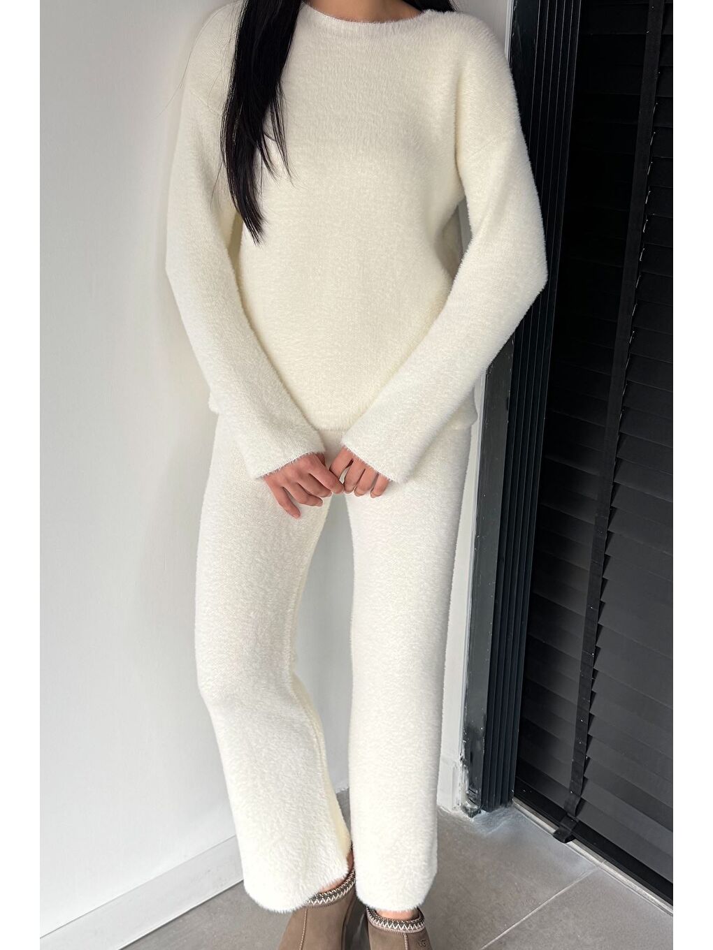 Ekru Kadın Sakallı Yumoş İplik Kazak Pantolon Triko İkili Takım-1