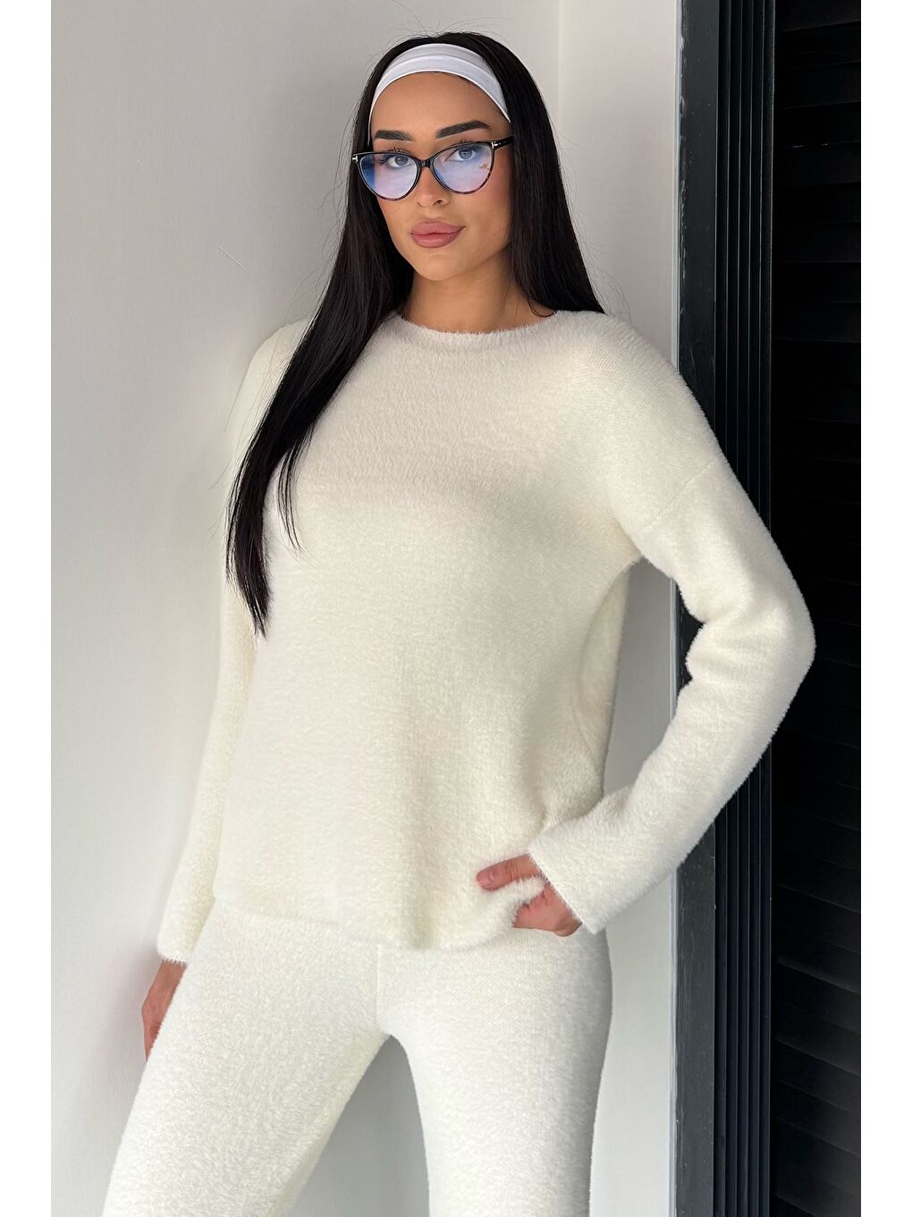 Ekru Kadın Sakallı Yumoş İplik Kazak Pantolon Triko İkili Takım-2