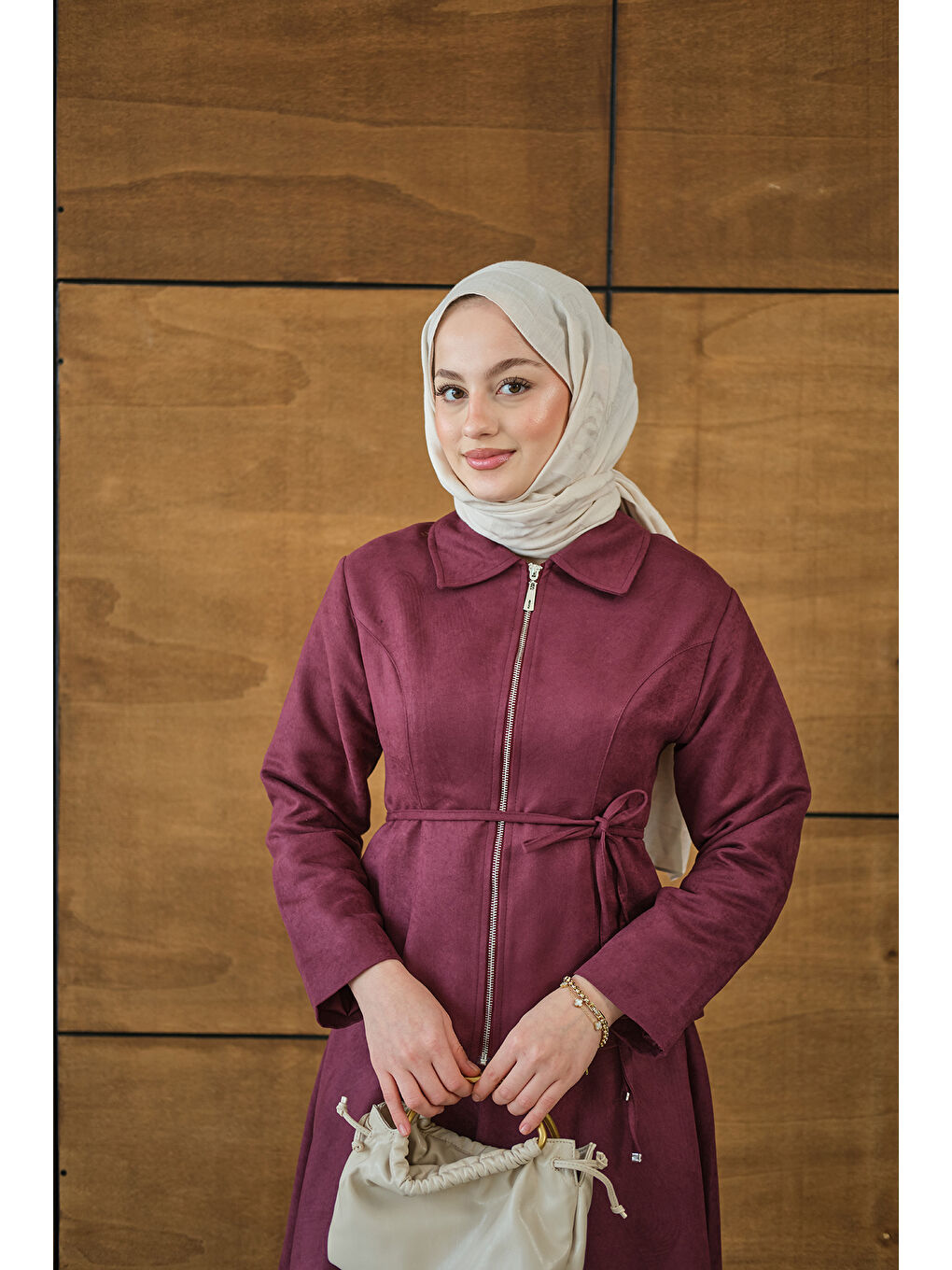 Kadın Nubuk Detay Bel Bağlamalı Takım Bordo-3