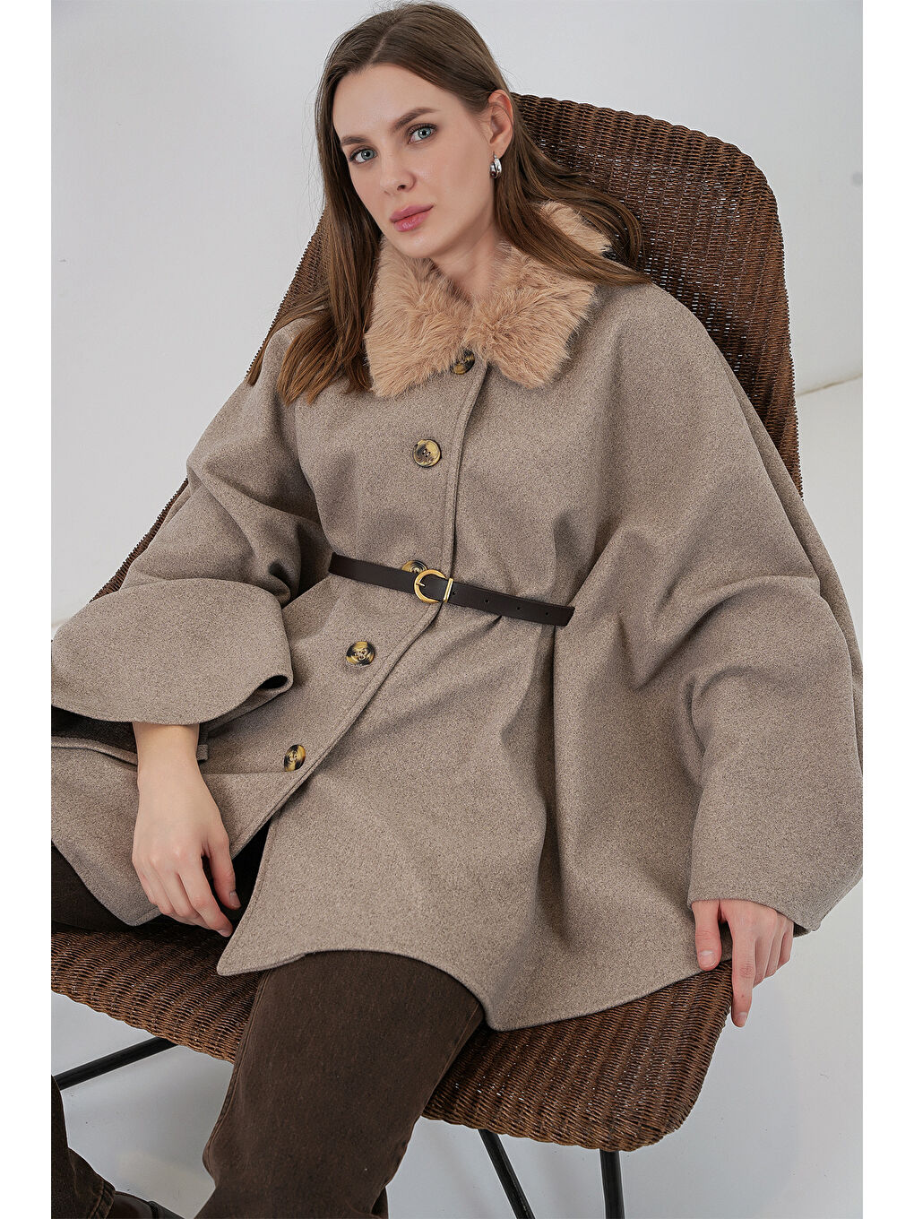 Bej Kadın Kemerli Kaşe Panço 9165 - Taş-2