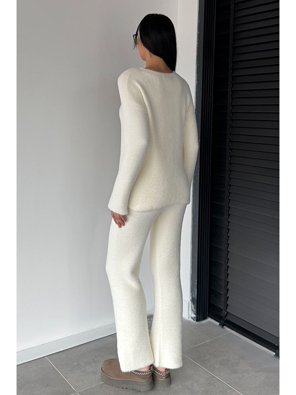 Ekru Kadın Sakallı Yumoş İplik Kazak Pantolon Triko İkili Takım-3